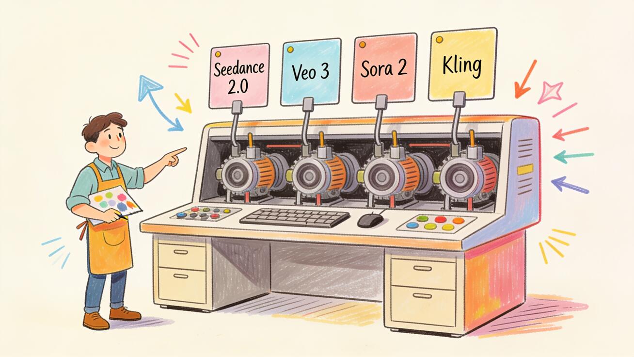 Multi-model studio concept: Seedance 2.0 routing a prompt across Seedance 2.0, Veo 3, Sora 2, and Kling