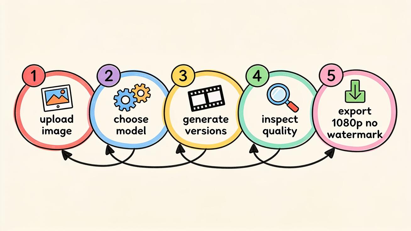 Seedance 2.0 five-step workflow: upload, choose model, generate versions, inspect, export
