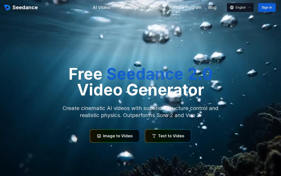 Seedance 2.0 homepage, a browser-based AI video studio