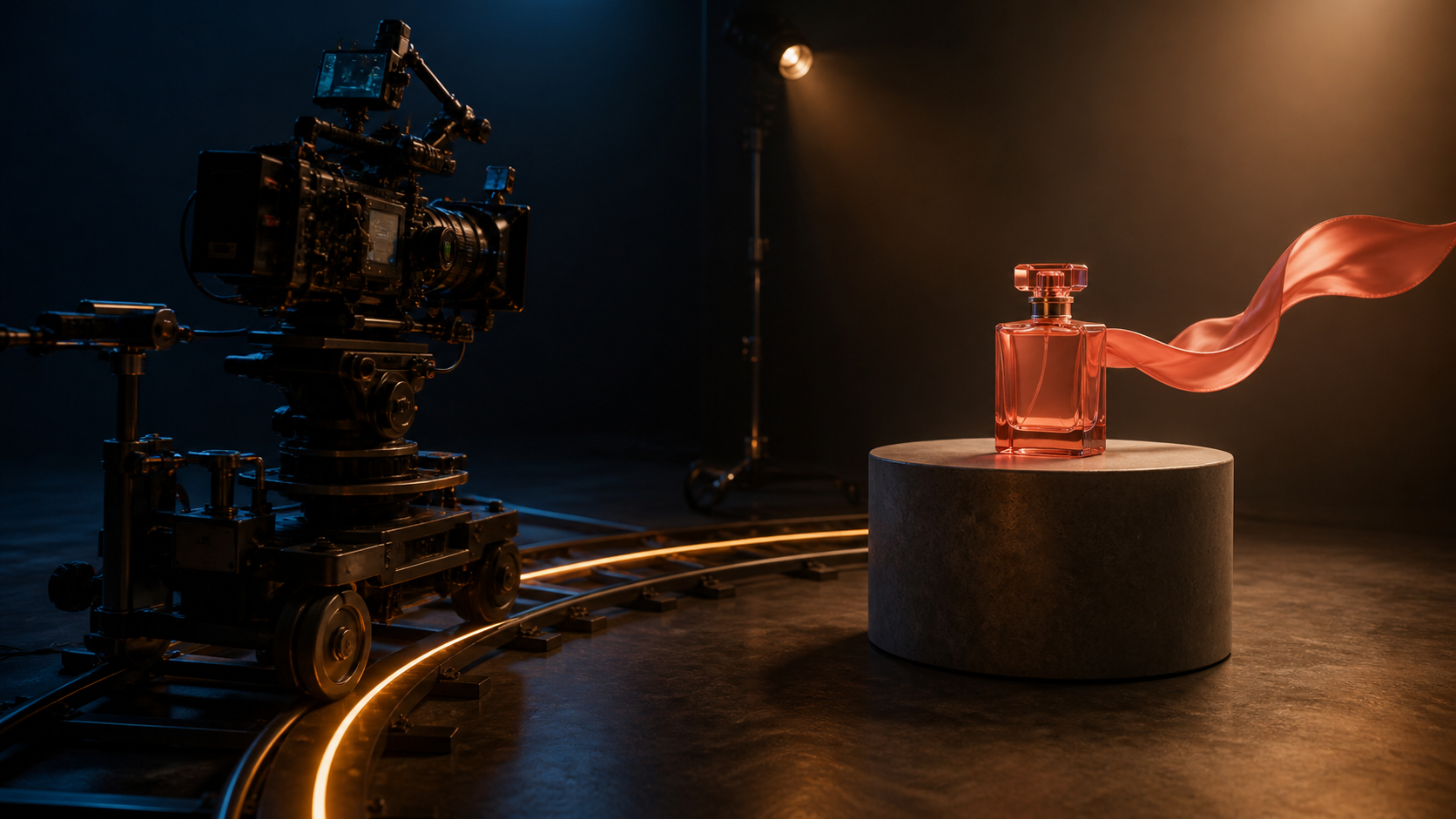 Eine realistische filmische Produktaufnahme mit einer Kinokamera, die auf einer gebogenen Dolly-Schiene um eine Korallen-Parfümflasche fährt
