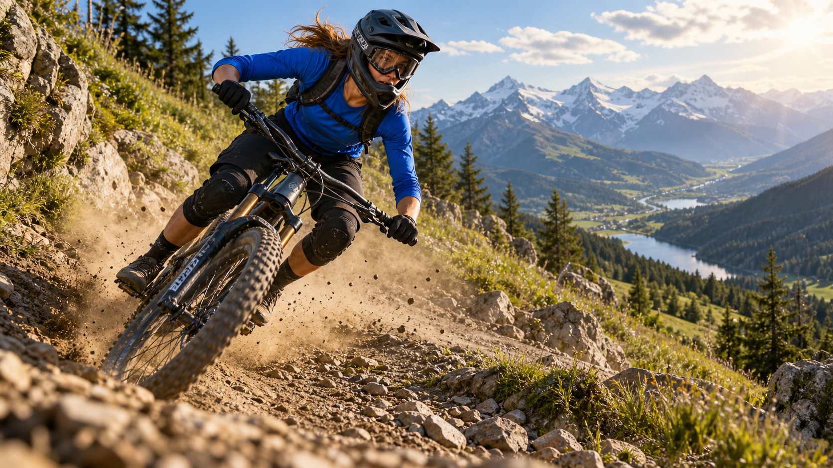 A mountain biker in a cobalt jersey carves through a sunlit alpine trail