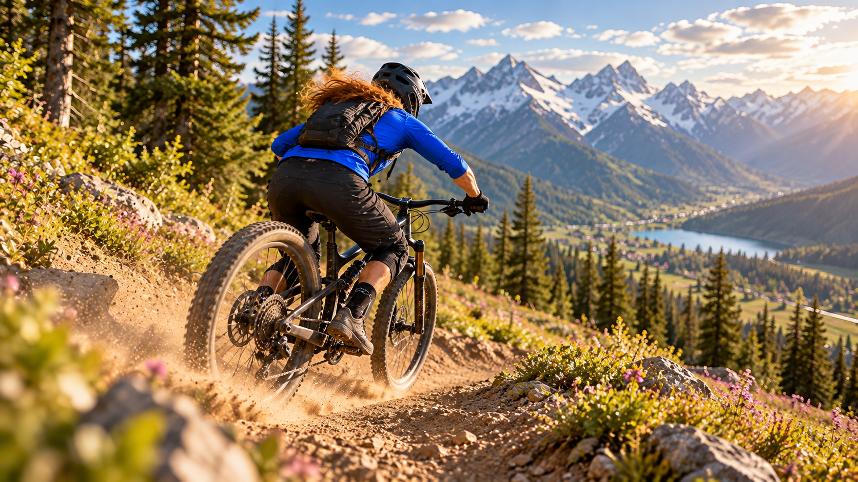 The alpine rider exits the forest onto a bright ridge above the same valley