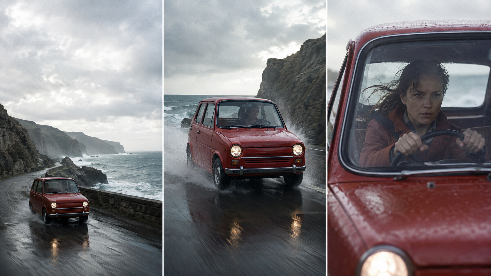 A finished coastal action sequence showing one red car and one driver across establishing, tracking, and close views