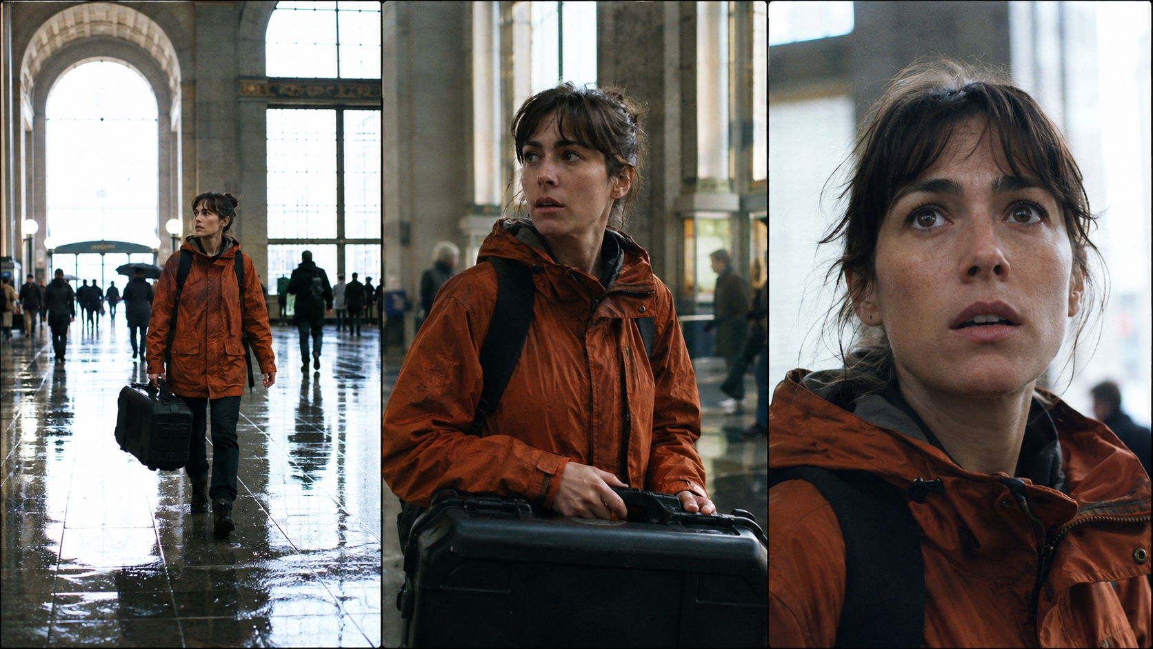 The same courier maintained across wide, medium, and close finished film frames in a rain-lit transit hall