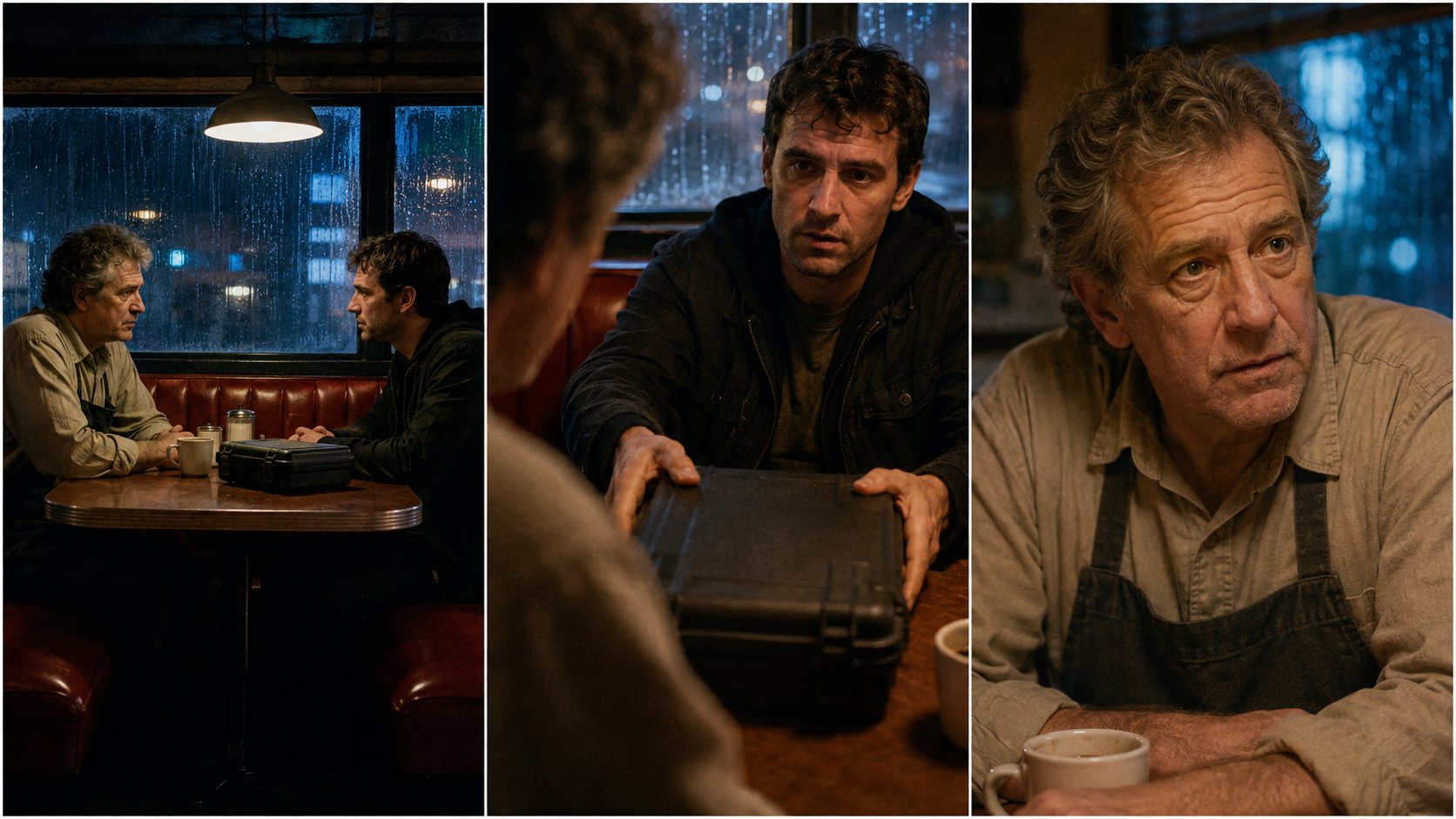 A finished dialogue scene cut across a wide two-shot, a case handoff, and a reaction close-up in the same rainy diner