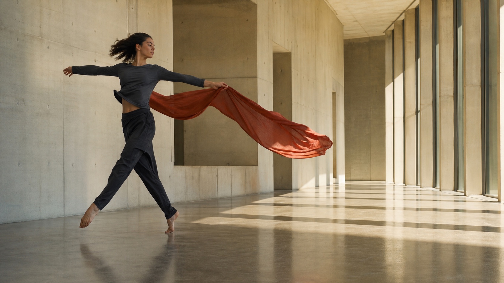 Finished cinematic output of a dancer crossing a sunlit concrete gallery with rust-red fabric moving through the wide frame