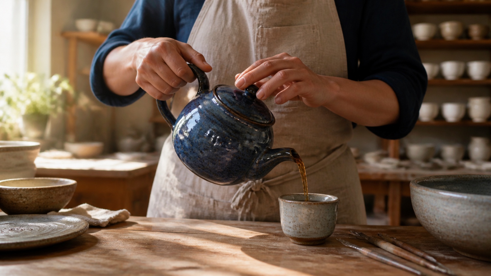 Finished cinematic output of a ceramic artist pouring tea from a deep-blue handmade teapot in a sunlit pottery studio