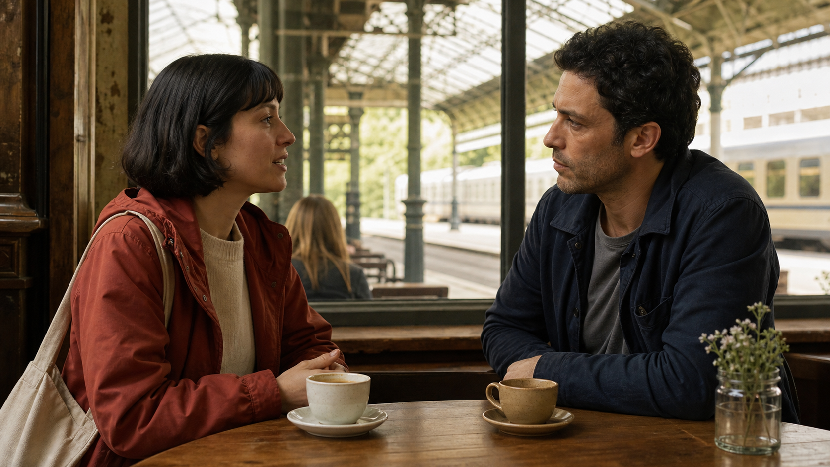 Uma cena realista de dois personagens em um café atribui a cada falante uma vestimenta clara, silhueta distinta e posição na tela