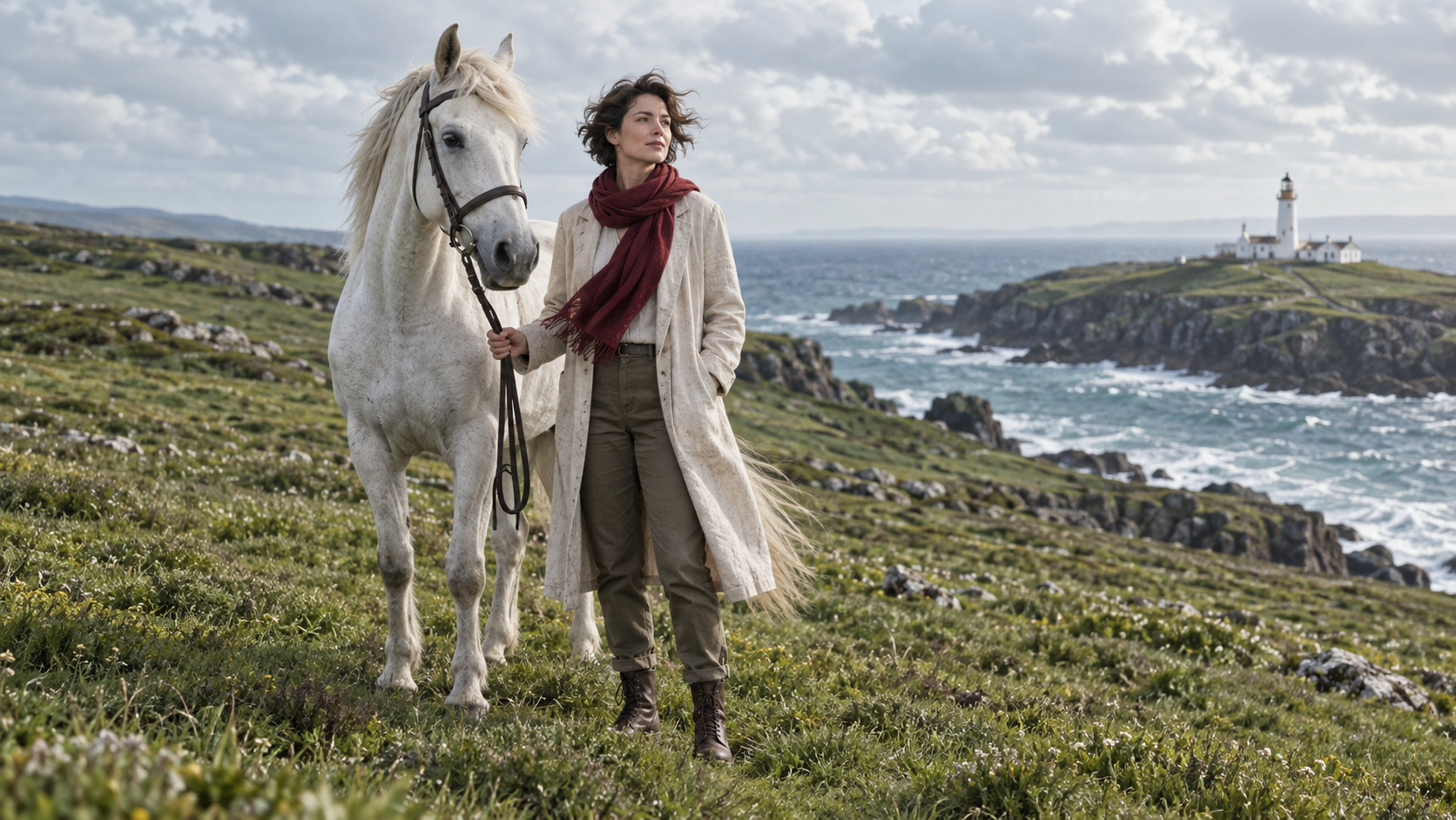 Generated editorial reference of a woman and white horse in a bright coastal meadow