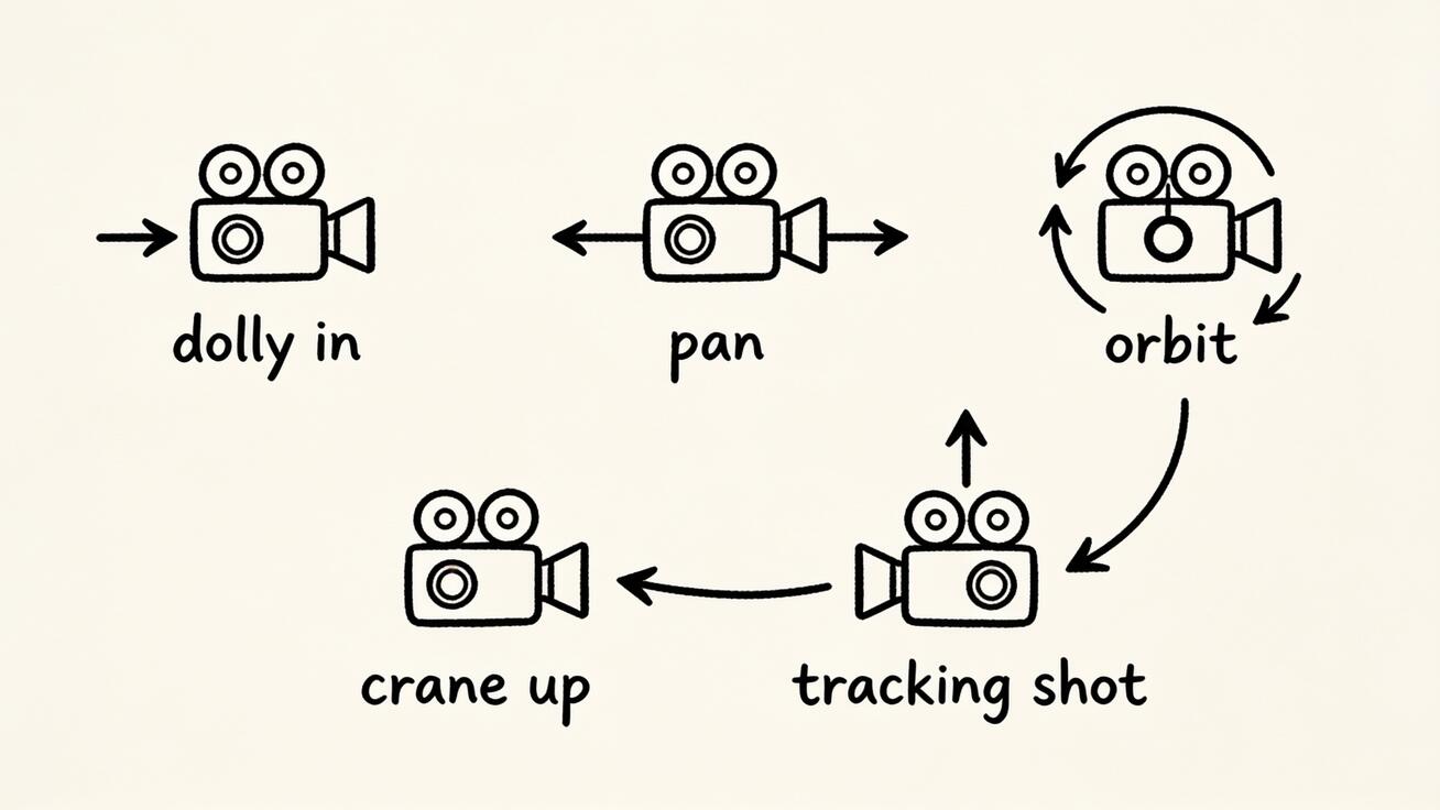 Doodle of camera movement types — dolly in, pan, orbit, crane, tracking — each with motion arrows.