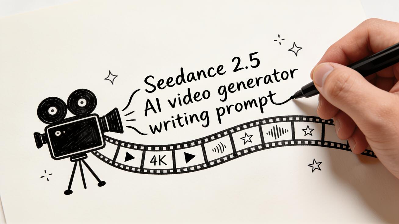 Hand-drawn blog cover showing a written prompt flowing into a camera and out as a long 4K film strip with play and audio icons.
