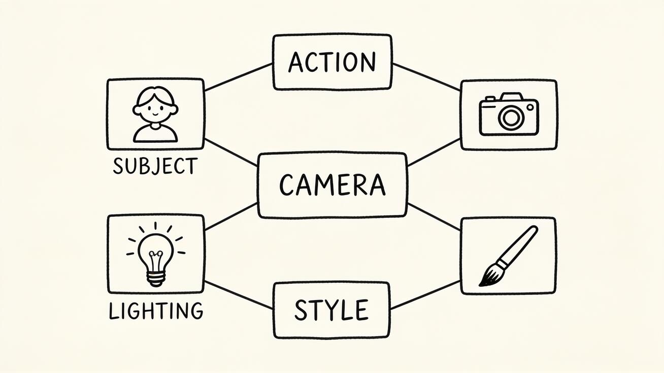 Doodle showing a prompt formula broken into connected blocks: subject plus action plus camera plus lighting plus style.