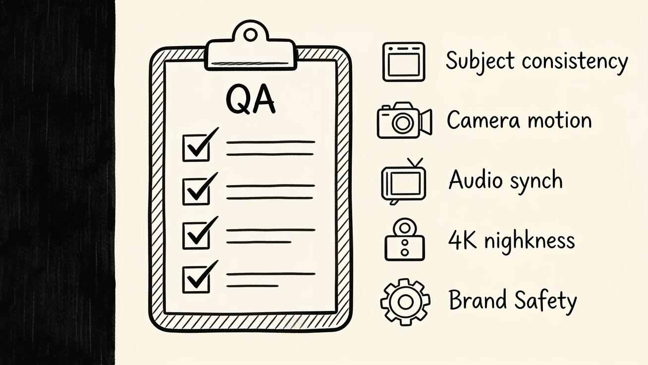 Doodle of a clipboard checklist with checkmarks for subject consistency, motion, audio sync, 4K sharpness, and brand safety.