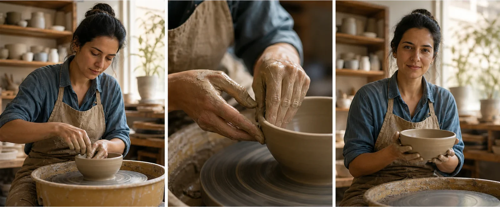 A newly generated three-panel continuity workflow showing the same ceramic artist at the start, middle, and end of one scene