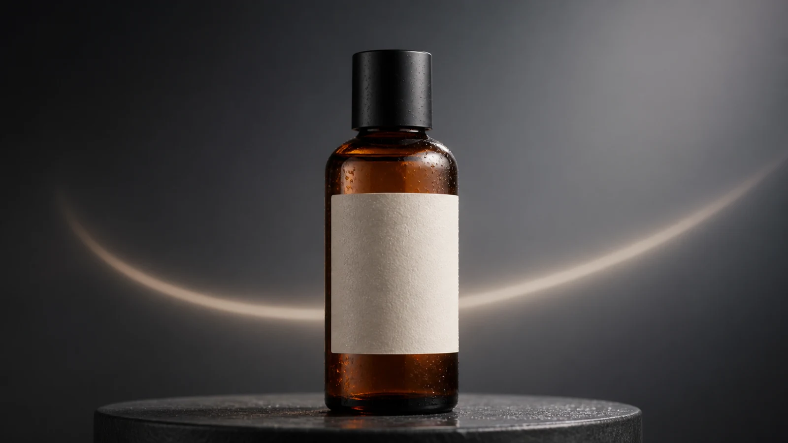 A newly generated unbranded amber bottle demonstrating one controlled camera path around a fixed hero object