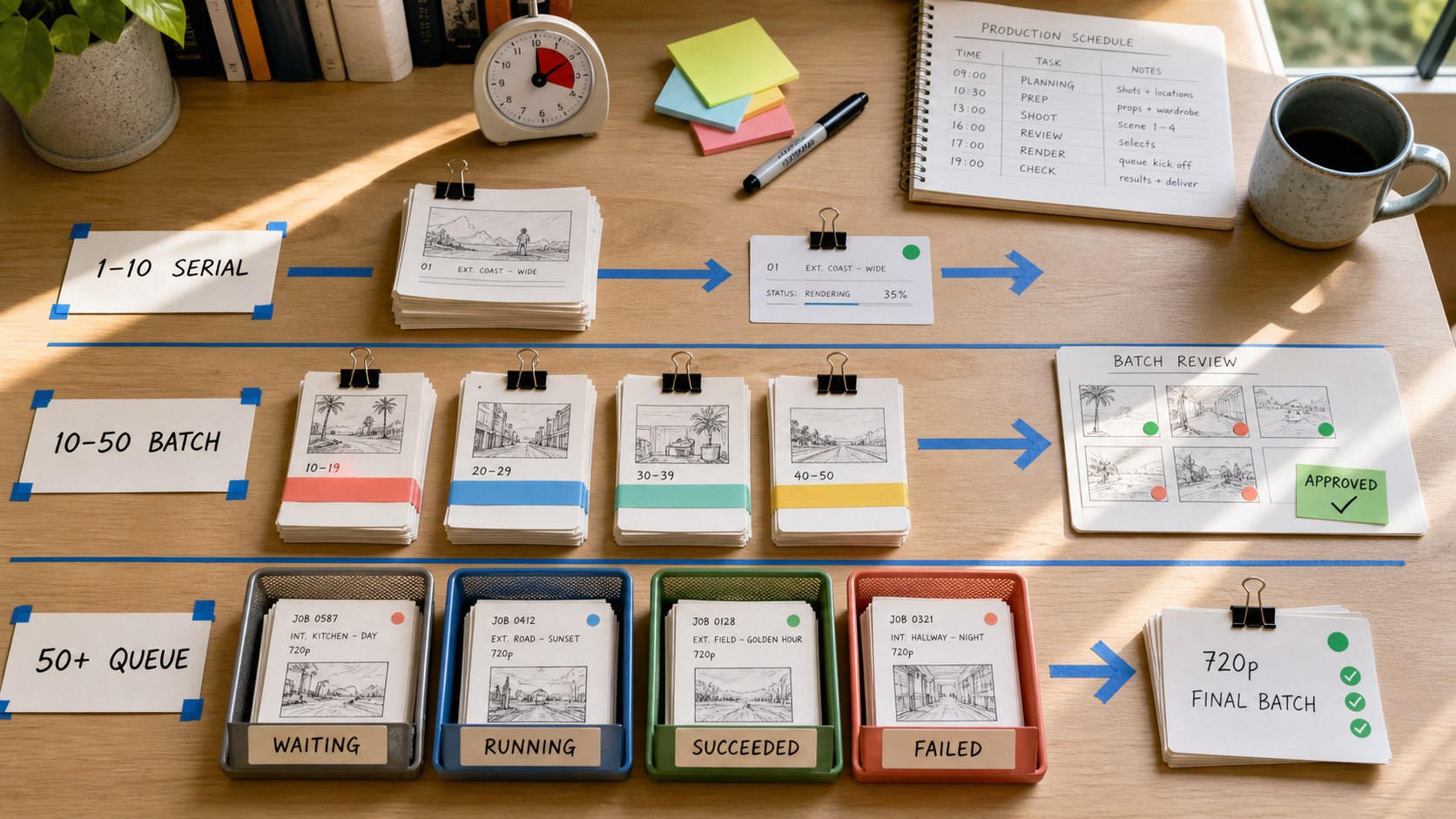 A practical render operations desk scales from a serial 1–10 clip workflow to 10–50 clip batches and a 50-plus job queue with waiting, running, succeeded, and failed states