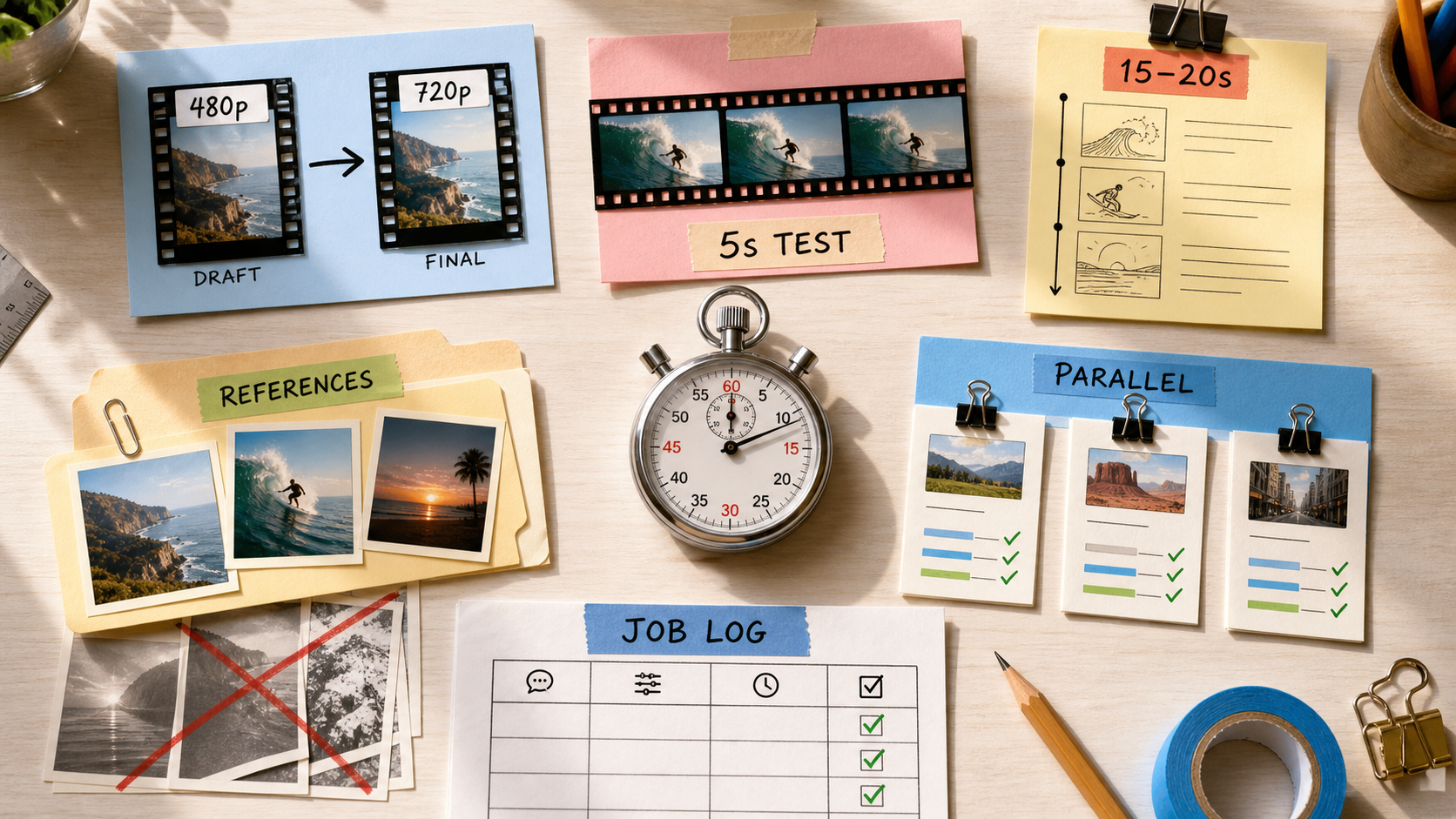 A practical render-speed toolkit surrounds a stopwatch with a 480p-to-720p path, five-second test, 15-to-20-second beat sheet, curated references, parallel jobs, and a complete job log