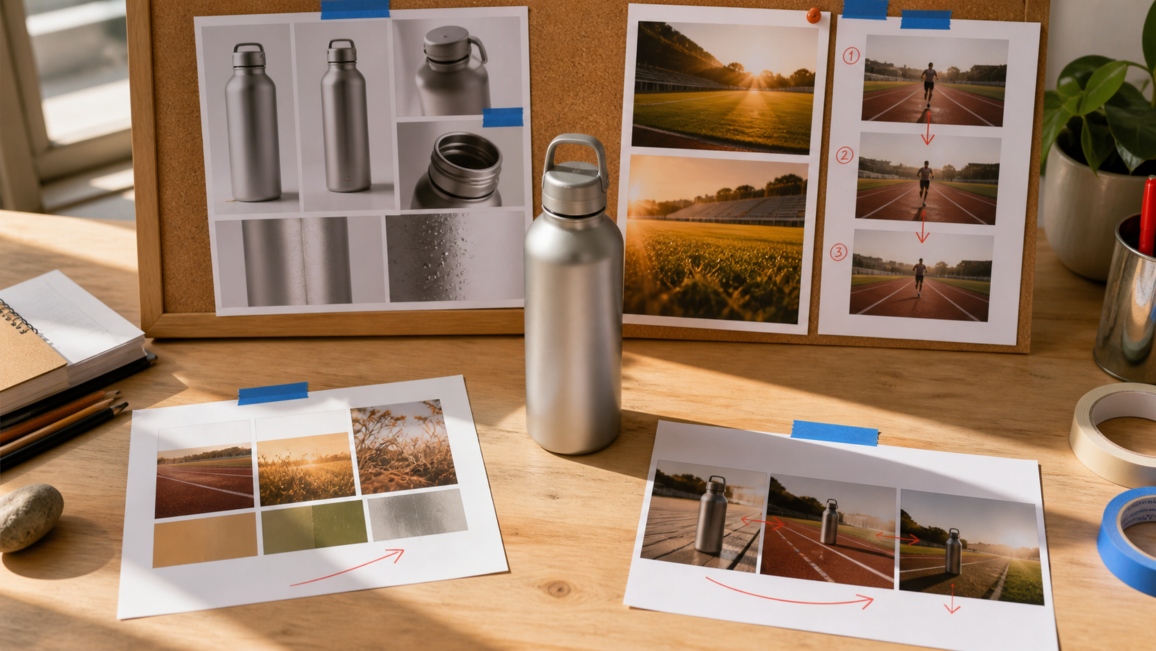 A practical spec-ad reference board separates product geometry, athletic-field lighting, and camera-motion examples around one unbranded sports bottle