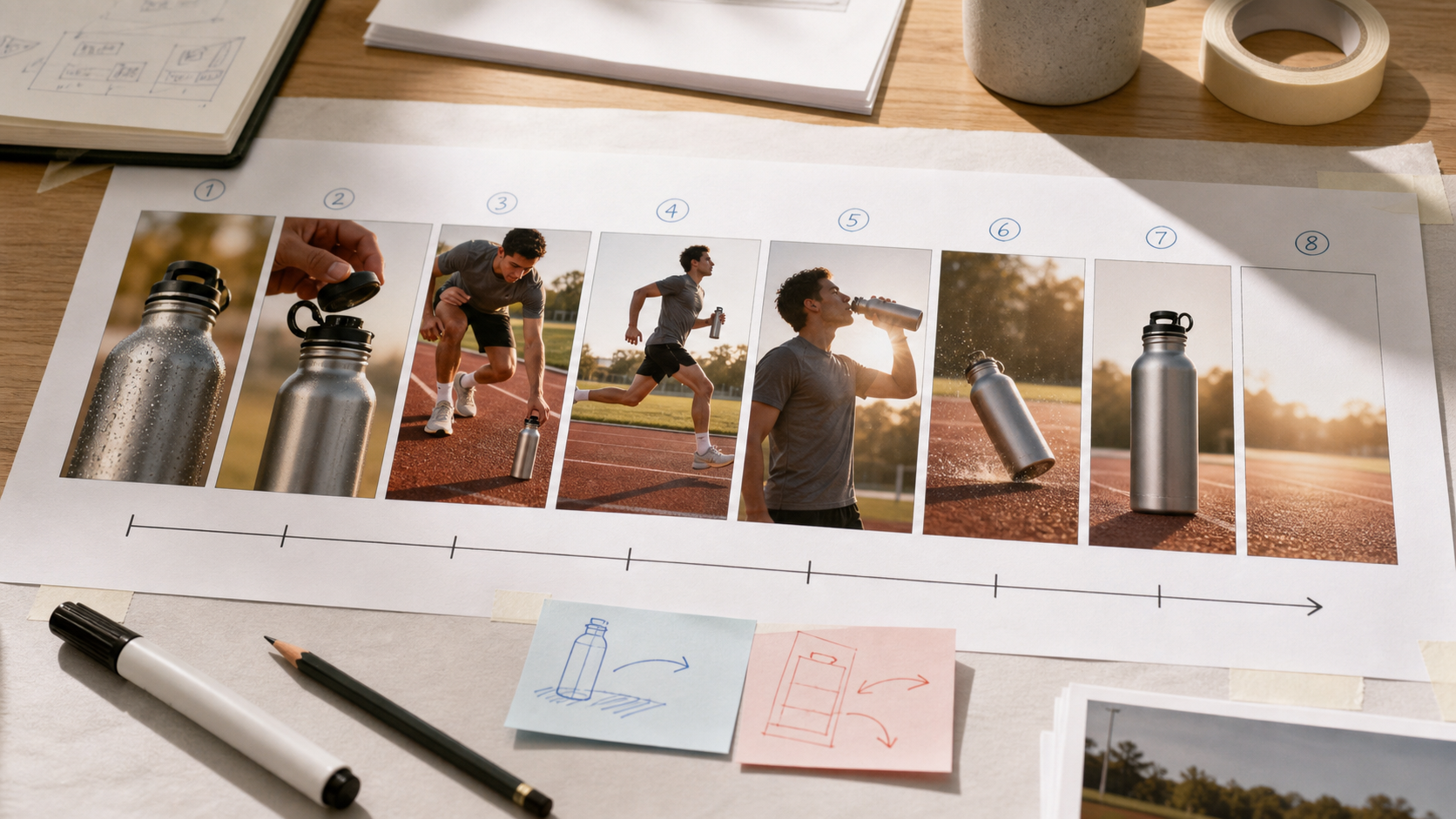 An eight-frame storyboard maps one unbranded sports-bottle spec ad from condensation hook through runner action to a clean closing packshot