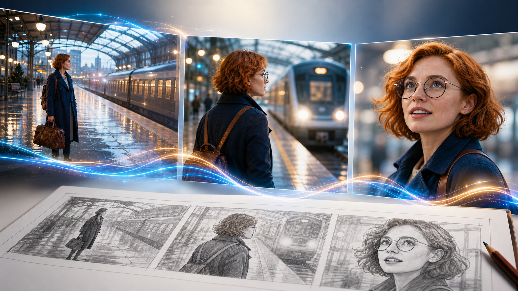 Derselbe rothaarige Charakter bleibt über drei storyboardgesteuerte Bahnhofsszenen hinweg konsistent