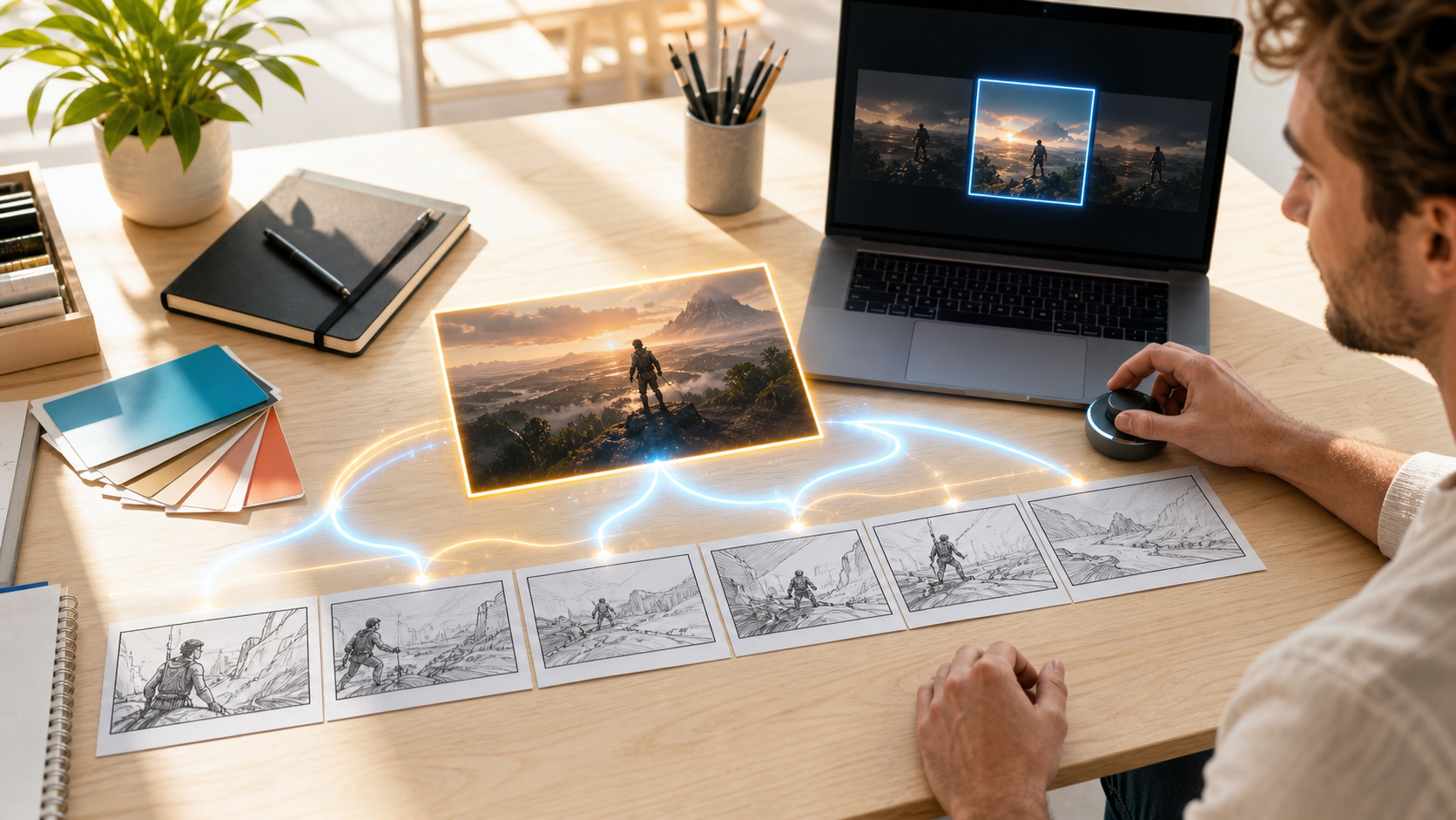 Ein Creator validiert zunächst ein schwieriges Storyboard-Panel, bevor er die gesamte Sequenz ausbaut