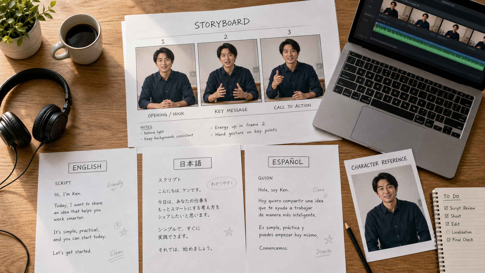 実際のローカライゼーション作業台では、キャラクターリファレンスとストーリーボードを統一したまま、英語・日本語・スペイン語の脚本を変更している