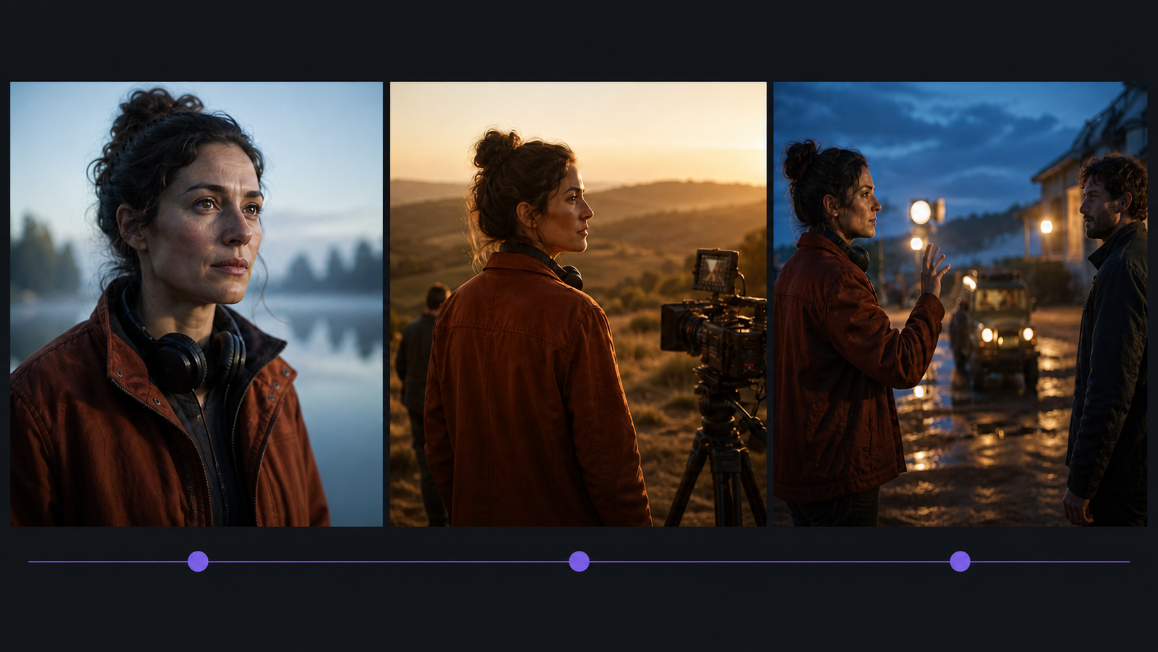 Three-frame cinematic storyboard showing camera, lighting, and subject handoffs across a timestamp timeline