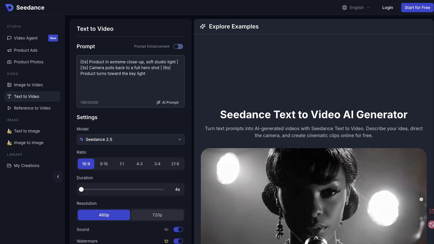 Seedance Text to Video interface with a timestamp prompt and Seedance 2.5 selected