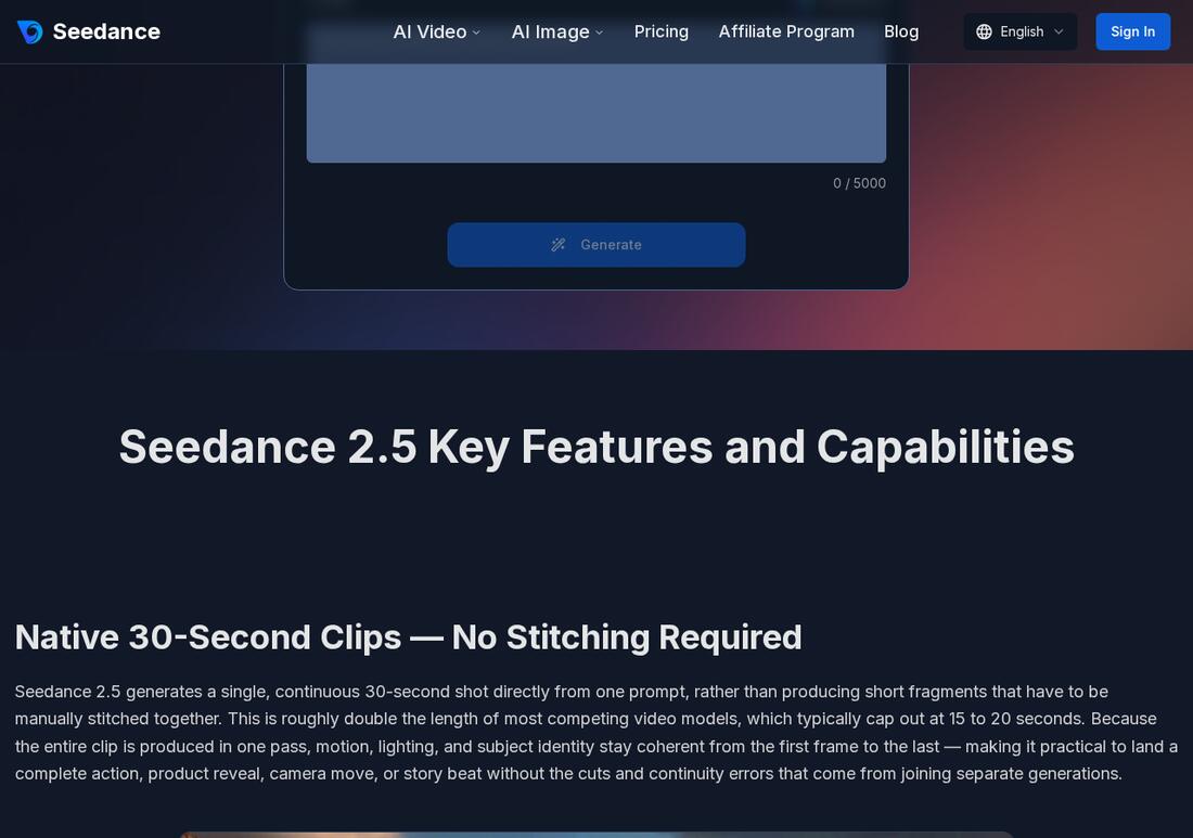 Seedance 2.5 key features section showing native 30-second clips and 4K output