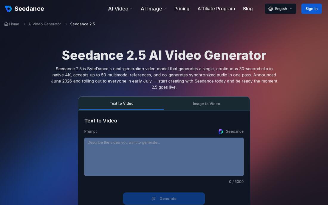 Seedance 2.5 model landing page on seedance.tv showing the AI video generator banner