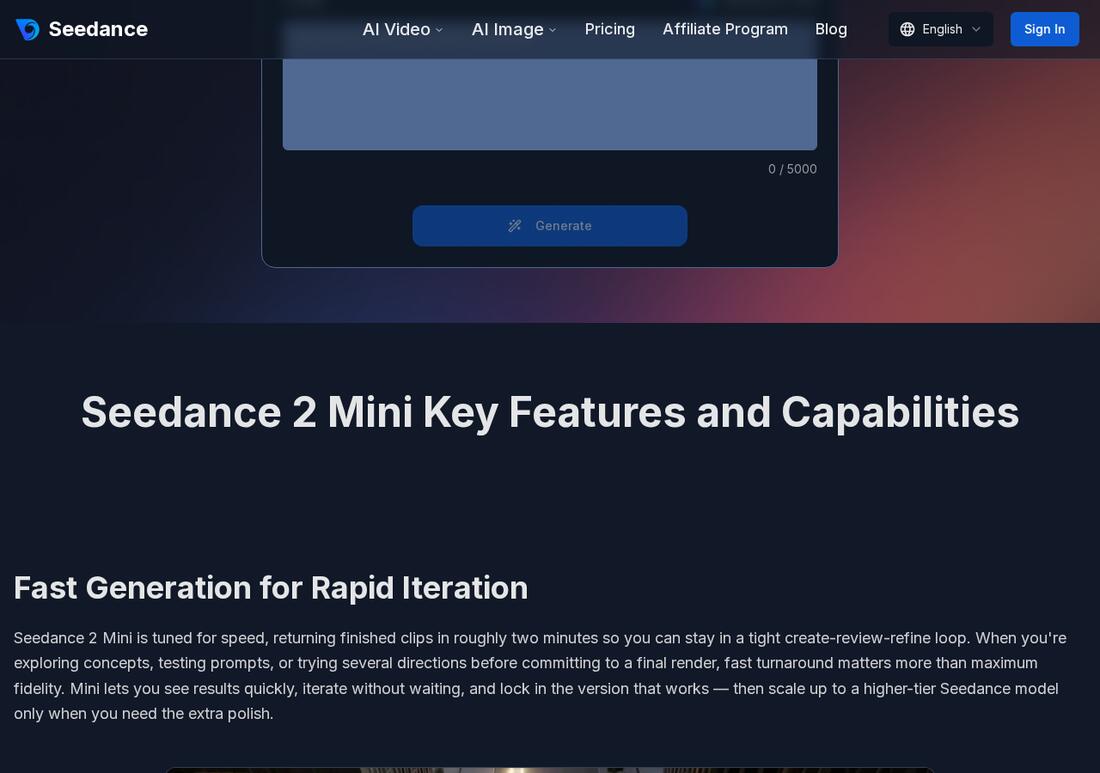 Seedance 2 Mini key features section showing fast generation and low credit cost