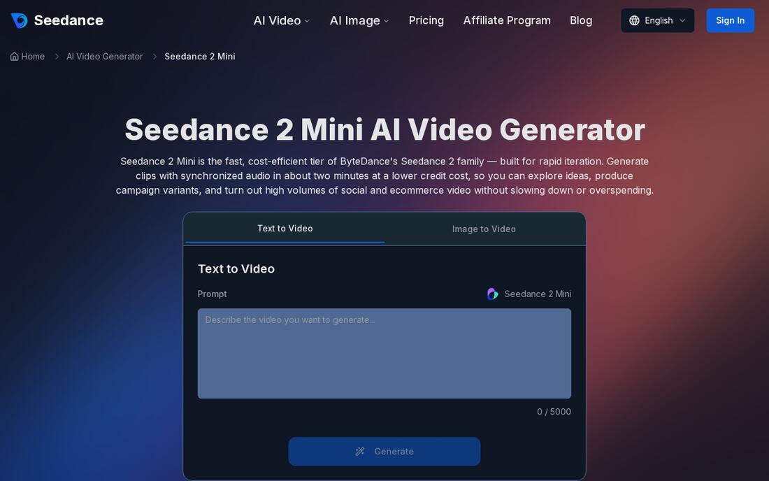 Seedance 2 Mini model landing page on seedance.tv showing the fast, cost-efficient tier banner