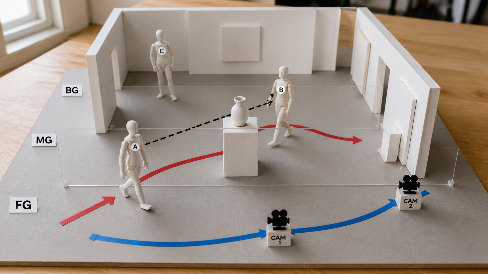 A tabletop white-model plan maps three subjects, foreground-to-background depth, eyelines, movement, and two camera positions