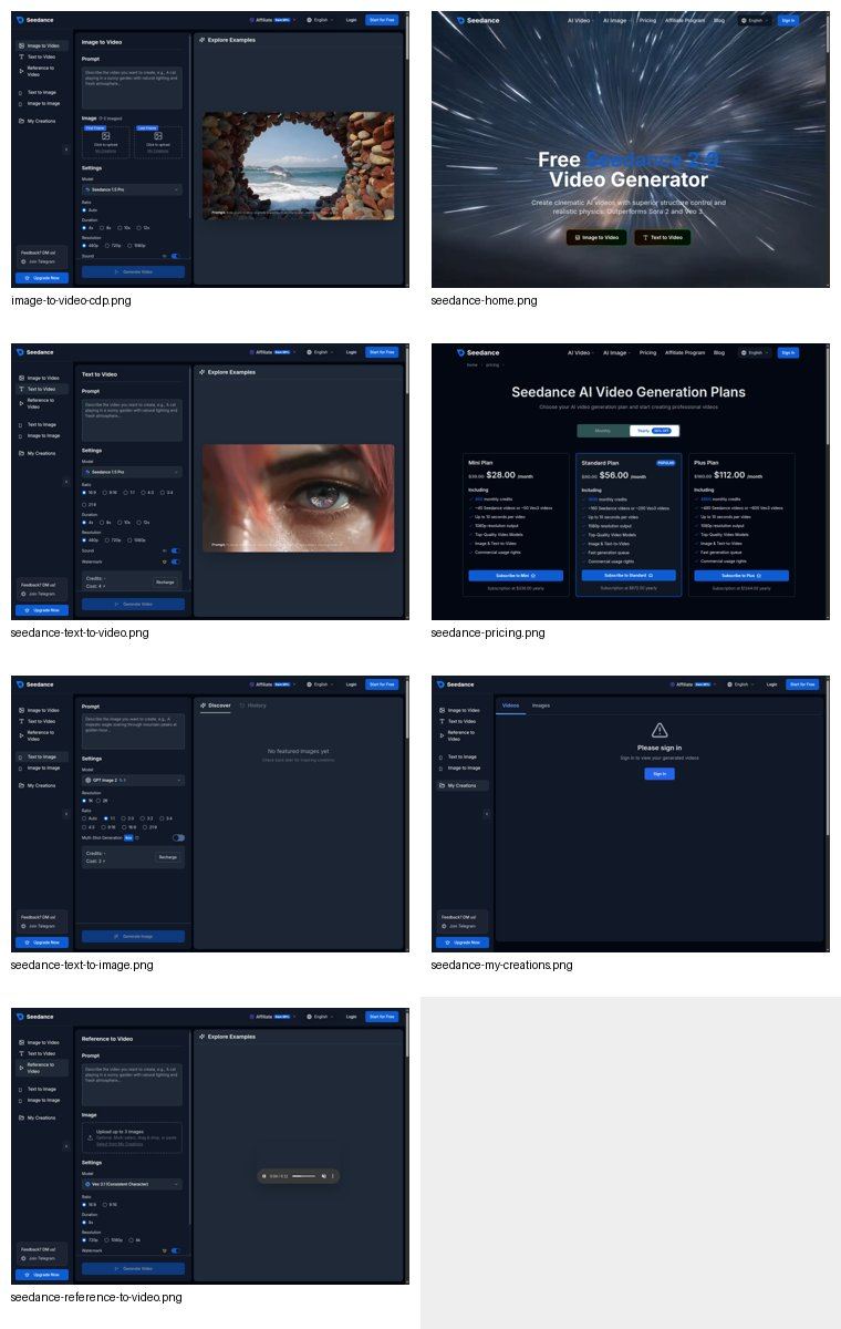 Seedance workflow contact sheet for text-to-video, image-to-video, reference-to-video, and pricing screens.