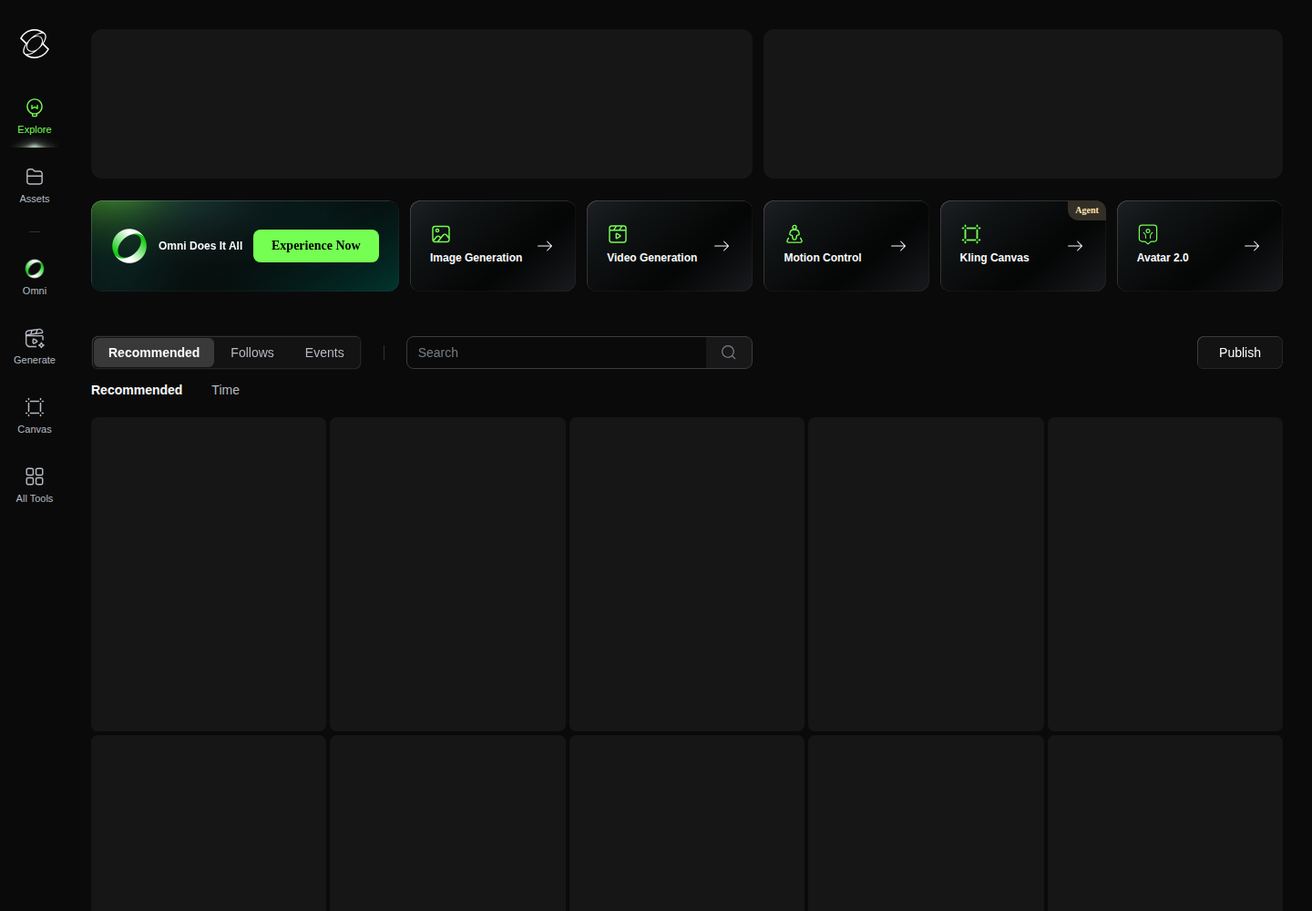 Kling public homepage capture used for competitor positioning and workflow comparison.