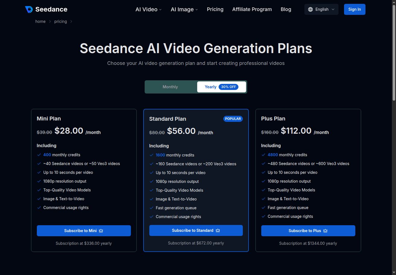 Seedance pricing page capture used to plan credit-based AI video workflows before API automation.