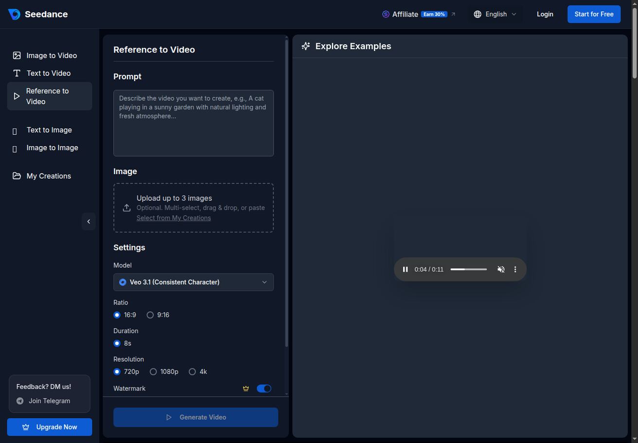 Seedance Reference to Video interface showing prompt and reference image upload controls