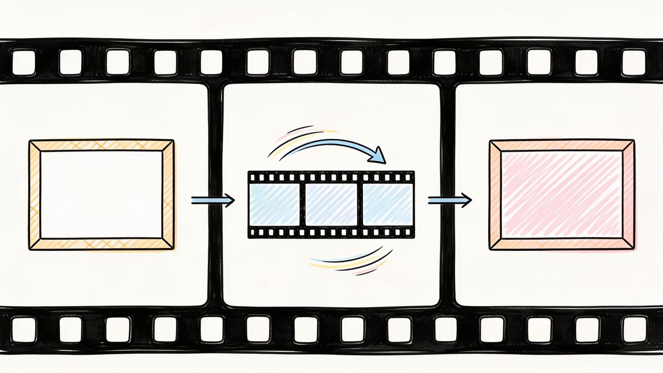 Diagramm von Seedance „erster und letzter Frame zu Video": ein Startbild links, ein Endbild rechts und die KI-generierte Bewegung dazwischen.