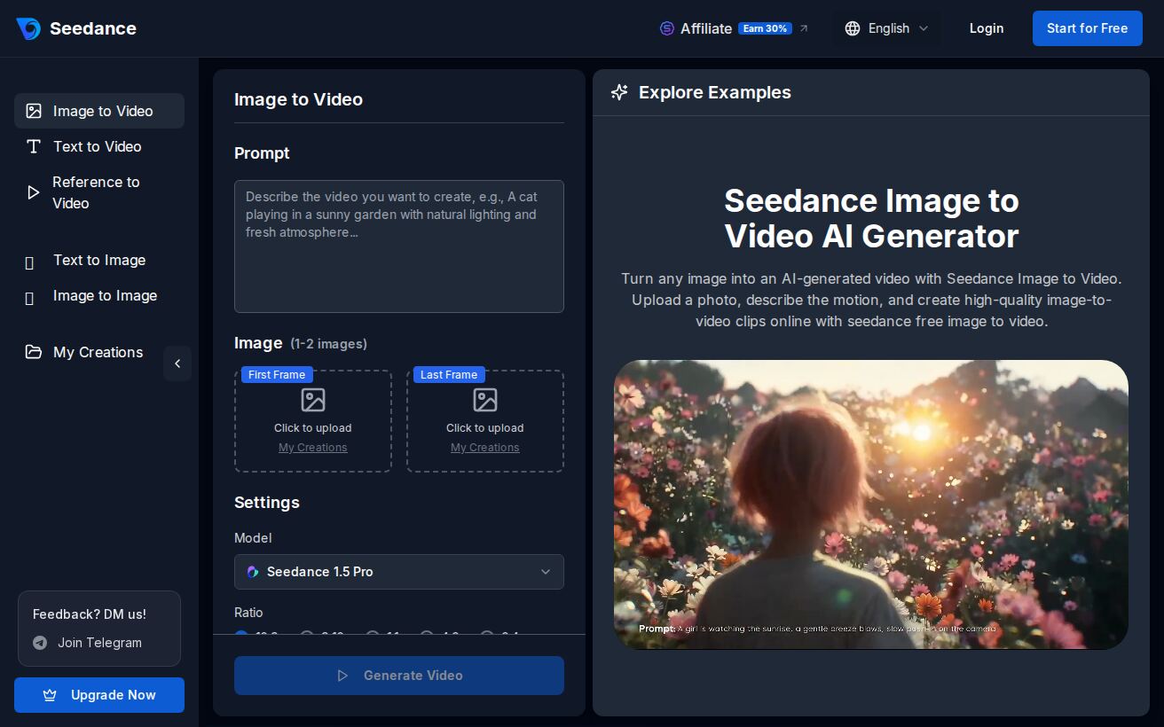 Die Seedance-Oberfläche „Bild zu Video" mit getrennten Upload-Feldern für ersten und letzten Frame, einem Prompt-Feld, Modellauswahl und der Schaltfläche zum Generieren.