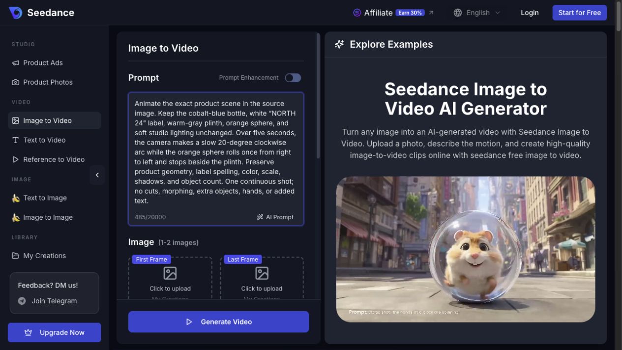 Seedance Página de geração de imagem para vídeo com o prompt compartilhado inserido