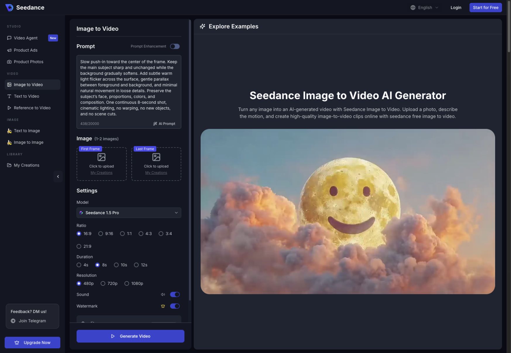 Seedance Espacio de trabajo de imagen a vídeo con un mensaje de movimiento ampliado, ranuras de imagen de origen y configuración de generación