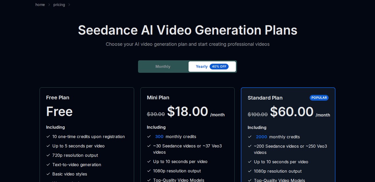 Seedance pricing — see how many credits each plan includes
