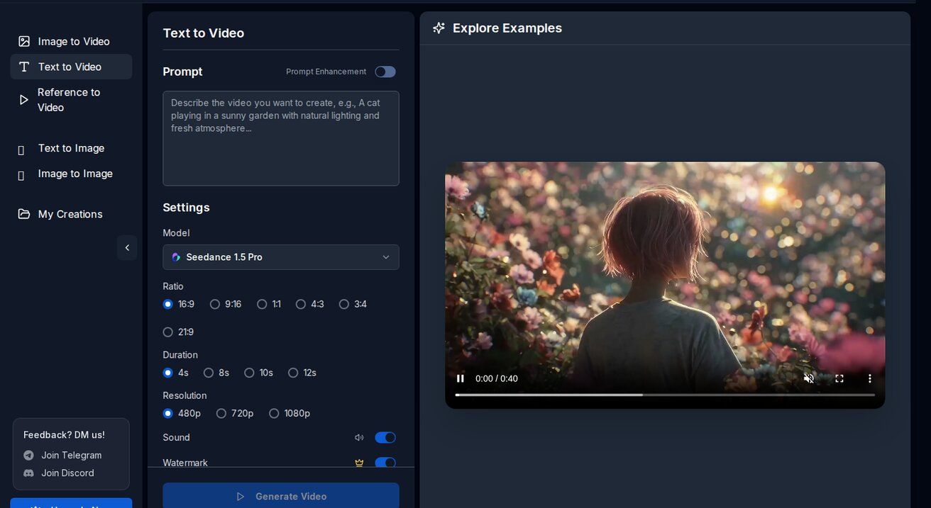Seedance text-to-video interface — type your prompt and pick a model