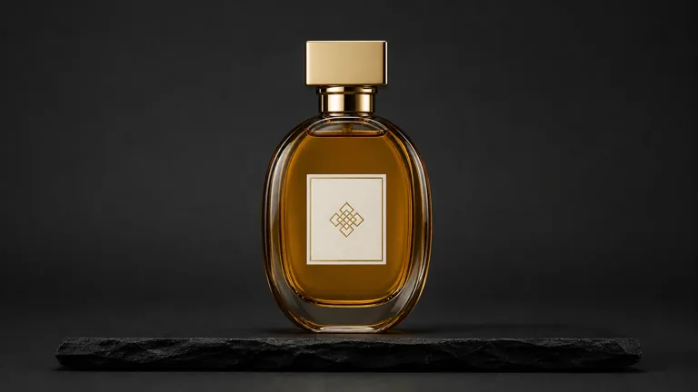 KI-generiertes Quellbild KI-generiertes, markenloses Bernstein-Parfüm-Packshot als Image-to-Video-Quelle