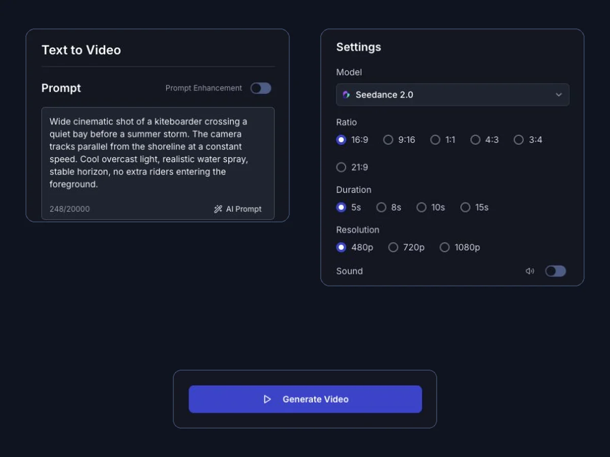 Behalten Sie Modell, Seitenverhältnis, Dauer, Auflösung und Soundeinstellungen bei, wenn Sie Prompt-Revisionen vergleichen. Seedance Text-zu-Video-Schnittstelle mit dem Prompt-Feld und festen Generierungseinstellungen