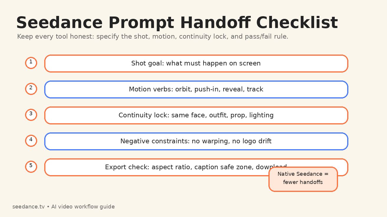 Checklist for handing off Seedance prompts between native and multi-model workflows