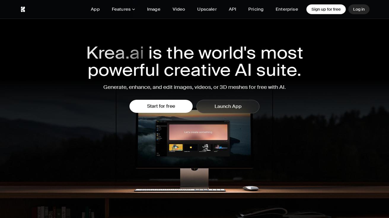 Krea AI homepage describing itself as a creative AI suite for images, video, and 3D