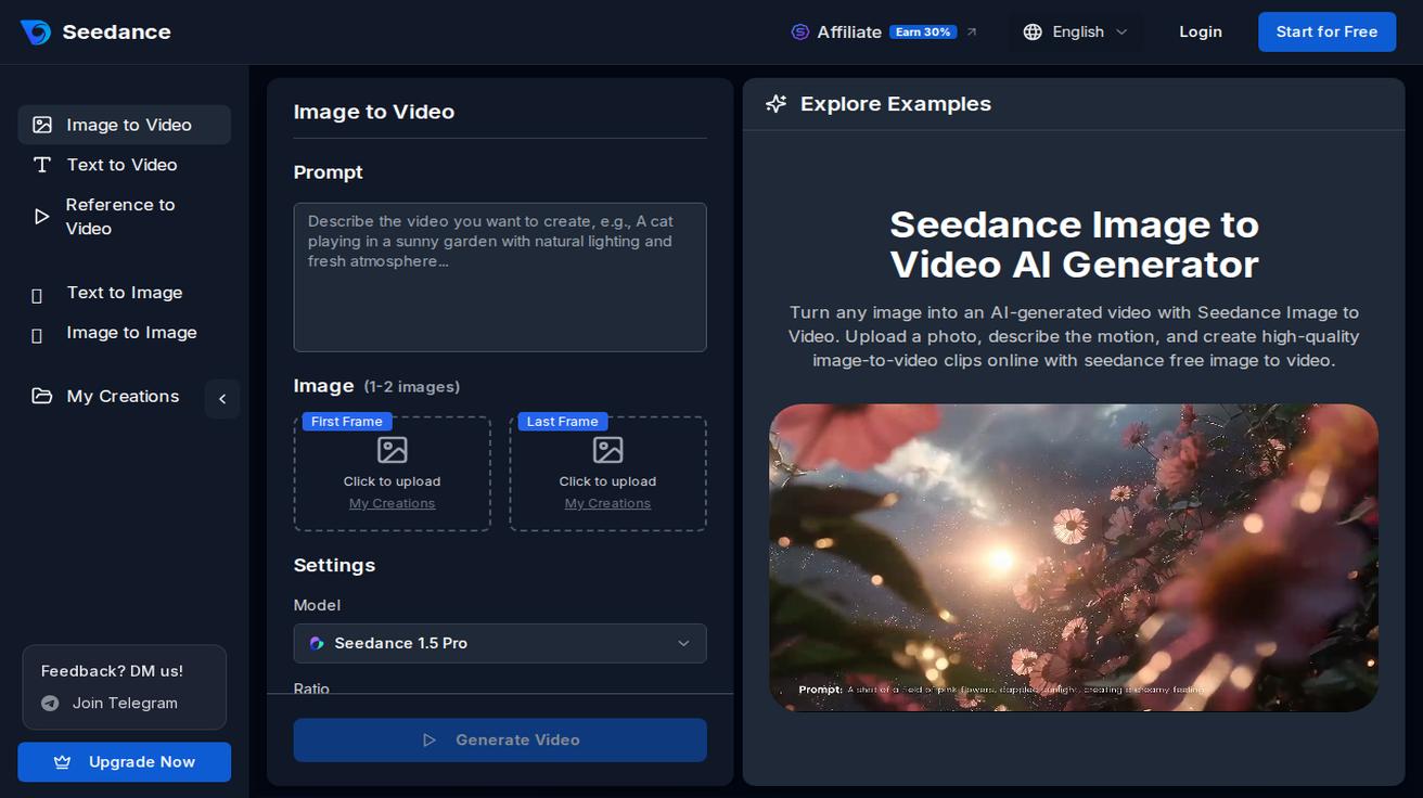 Seedance Image to Video generator interface with prompt box, model picker, and example outputs