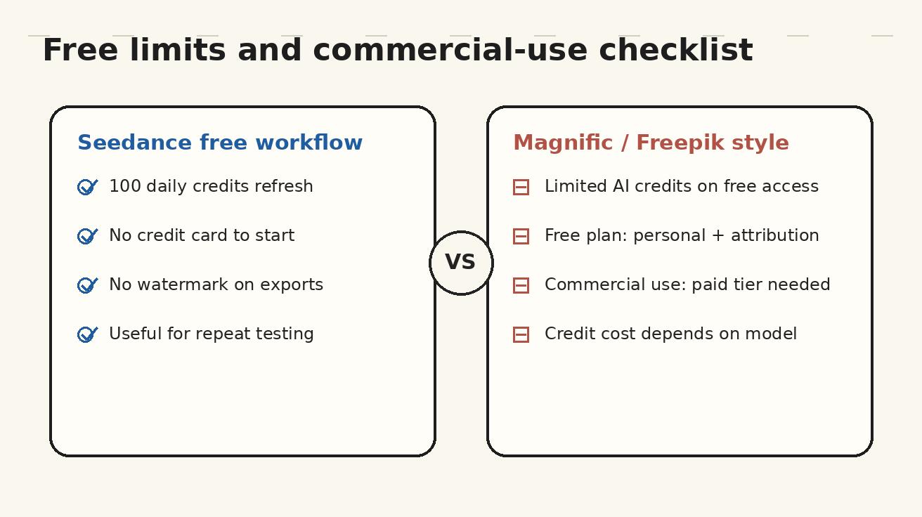 Seedance vs Magnific free limits and commercial-use checklist