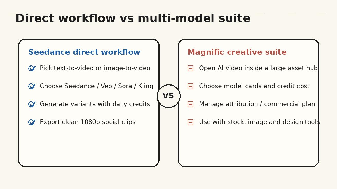 Seedance direct workflow versus Magnific suite workflow